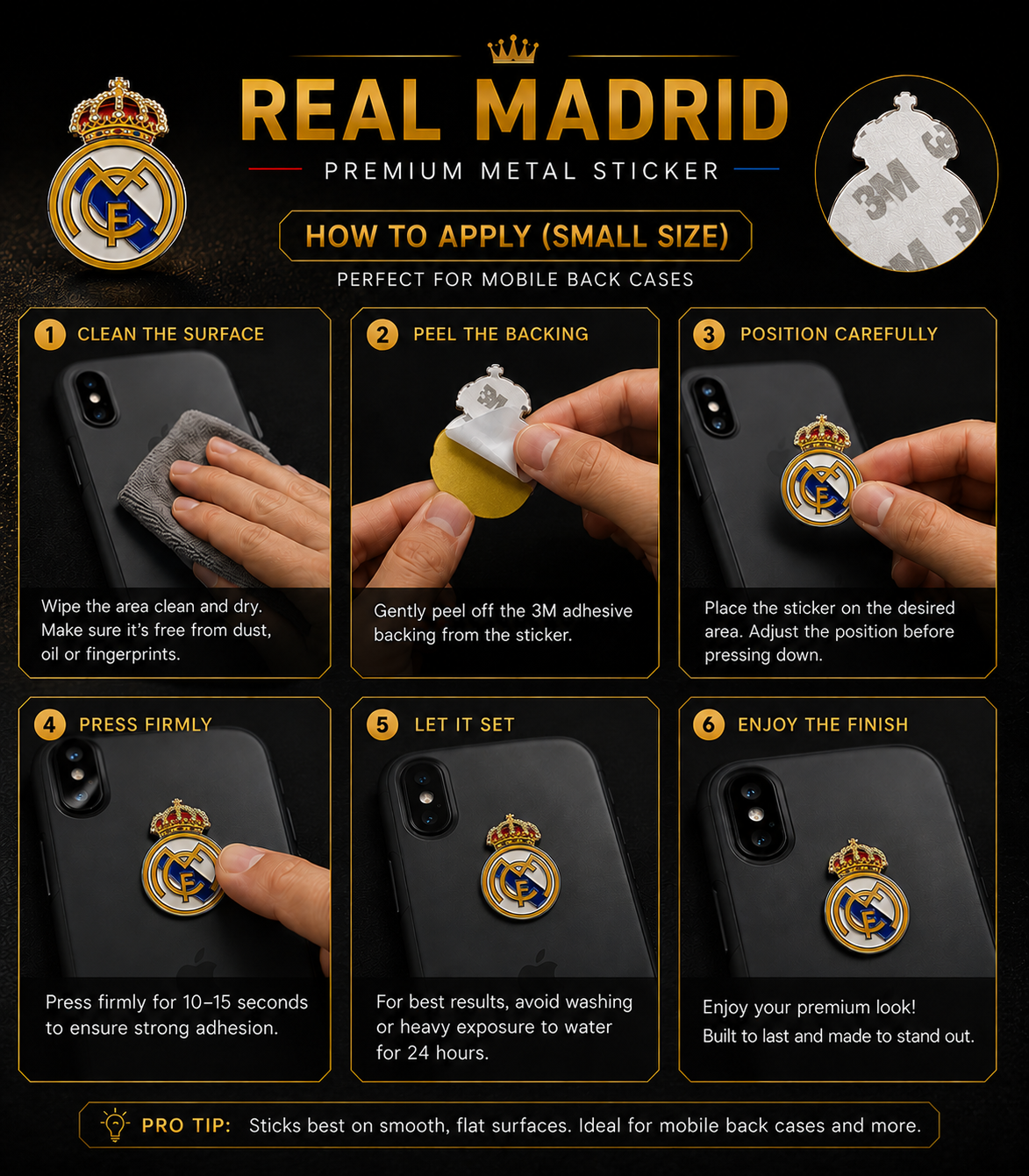 Real Madrid RM Logo 3D Metal Sticker with Adhesive Backing - Mobile Phone, Car, Laptop or Wall decor